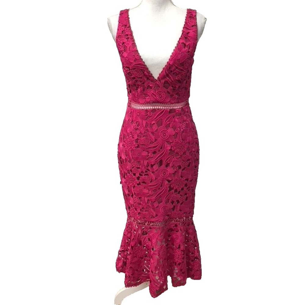 Nicholas Mermaid Dress Womens 4 Pink Eyelet Lace Deep V Party Cocktail Wedding